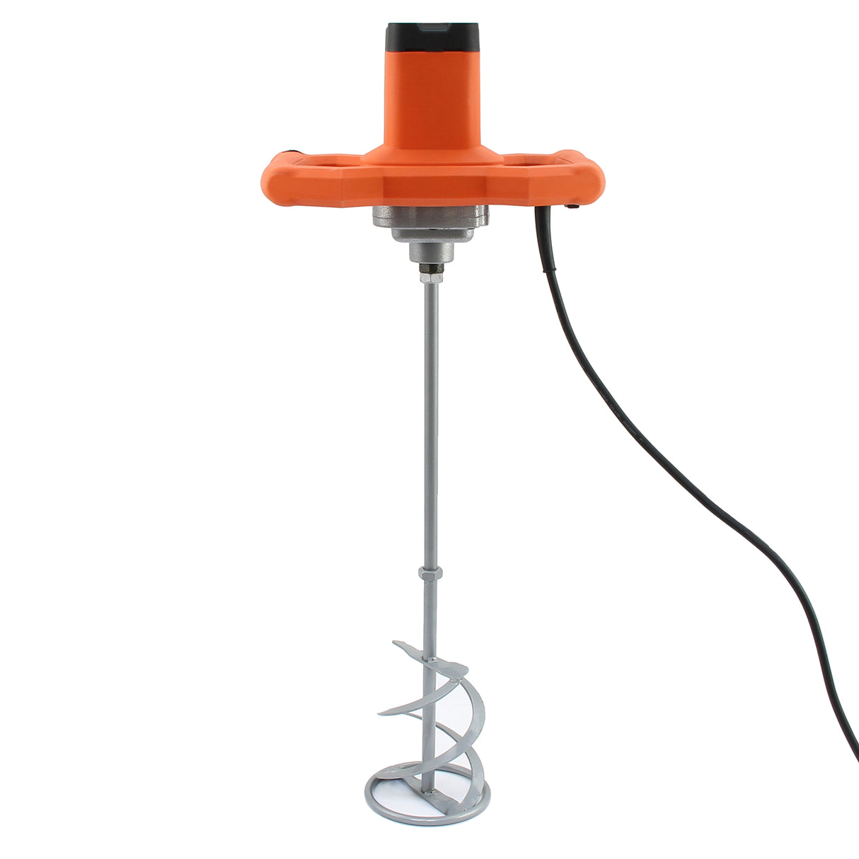 Batteur à main T-Mech avec un design orange vif, hélice en métal argenté et câble électrique, idéal pour mélanger des ingrédients
