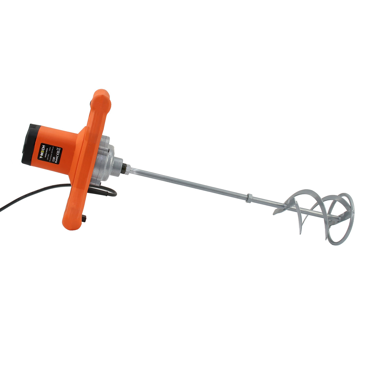 Batteur à main T-Mech orange avec un moteur puissant, une tige en métal et un fouet en acier inoxydable pour mélanger efficacement