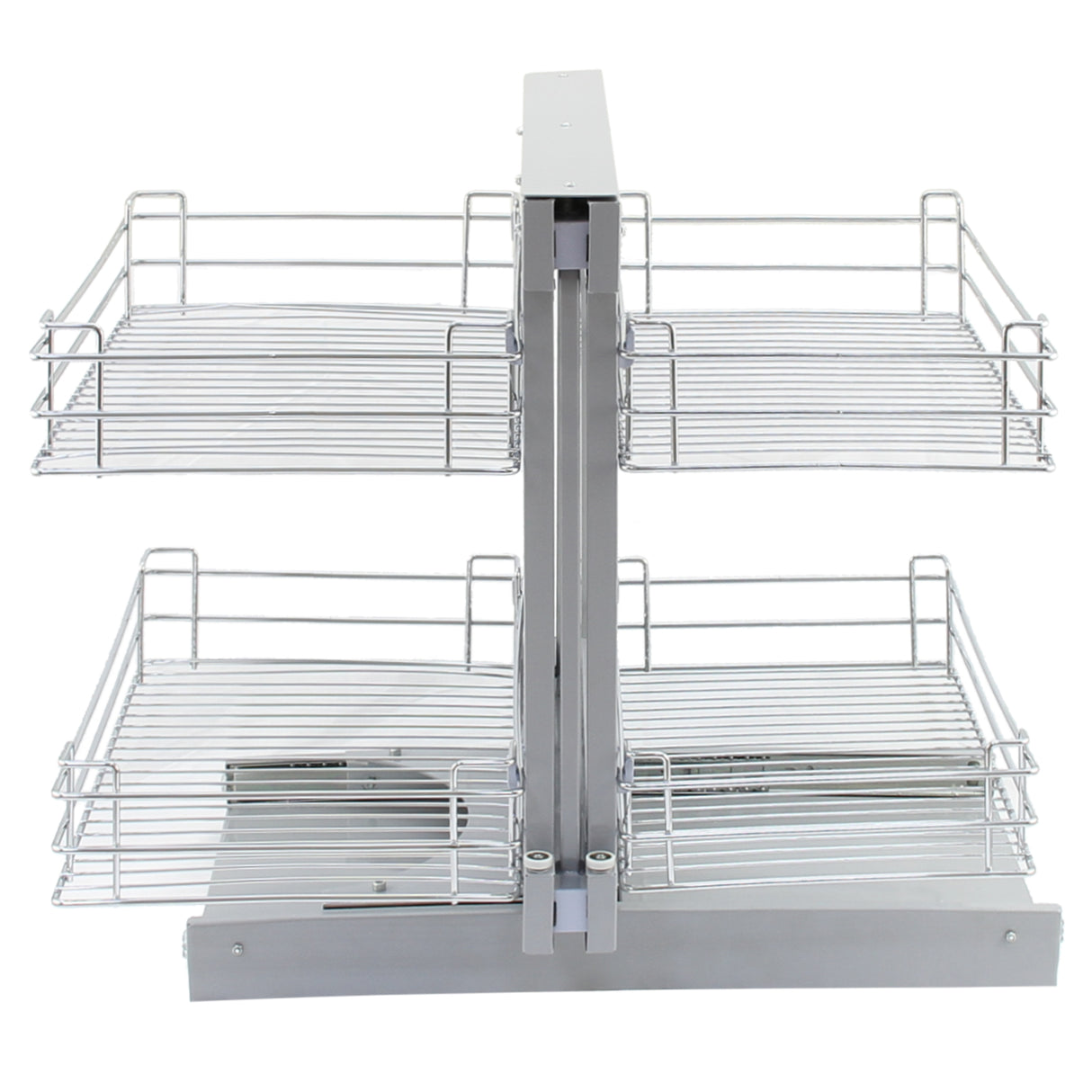 Paniers coulissants métalliques d'angle en chrome, avec deux niveaux de rangement, offrant une solution pratique et élégante pour l'organisation