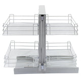 Paniers coulissants métalliques d'angle en chrome, avec deux niveaux de rangement, offrant une solution pratique et élégante pour l'organisation
