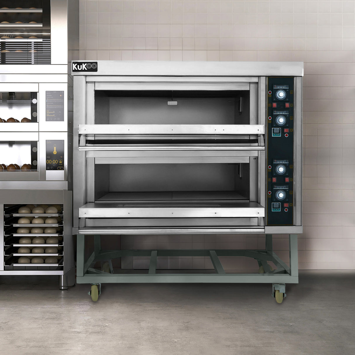 Four à pizza électrique professionnel KuKoo en acier inoxydable, avec deux compartiments, boutons de contrôle et roulettes pour mobilité