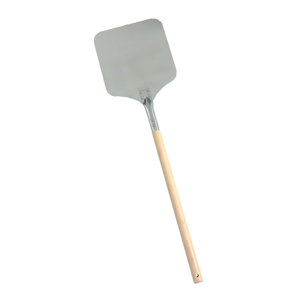 Pelle à pizza KuKoo de 22 cm avec une spatule en métal argenté et un long manche en bois clair, idéale pour servir des pizzas chaudes