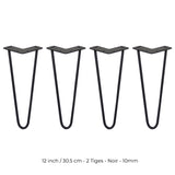 4 Pieds de Table en Épingle à Cheveux - 30,5cm - 2 Tiges - 10mm – Fini Noir