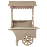 Chariot présentoir de bonbons en bois clair, avec un toit en forme de auvent, une étagère et des roues décoratives en forme de cœur