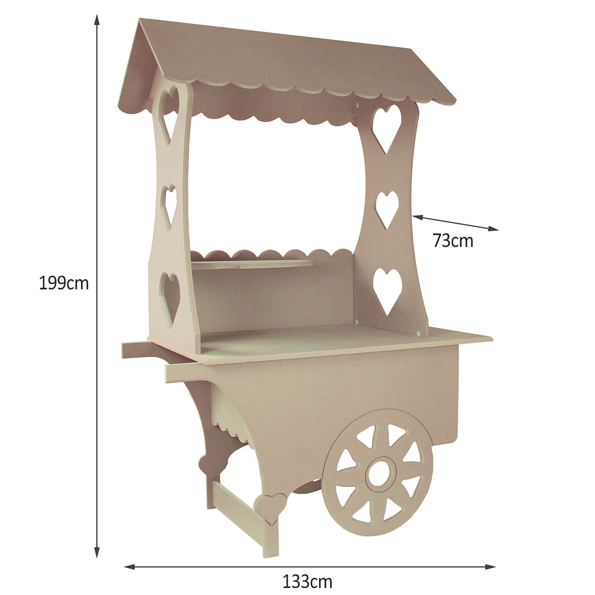 Chariot présentoir de bonbons en bois, couleur beige, avec un toit ondulé, des cœurs découpés et des dimensions de 199 cm de hauteur et 133 cm de largeur