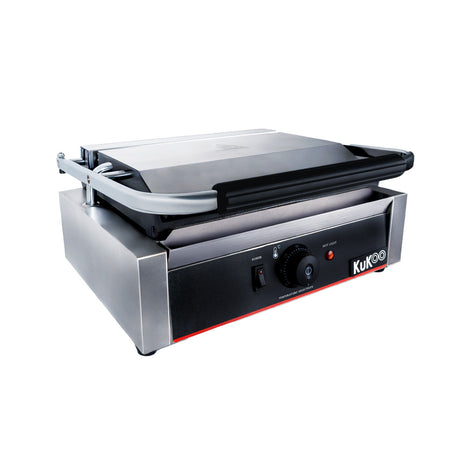 Presse à panini en acier inoxydable avec plaque rainurée, surface noire, bouton de réglage de température, design moderne et compact