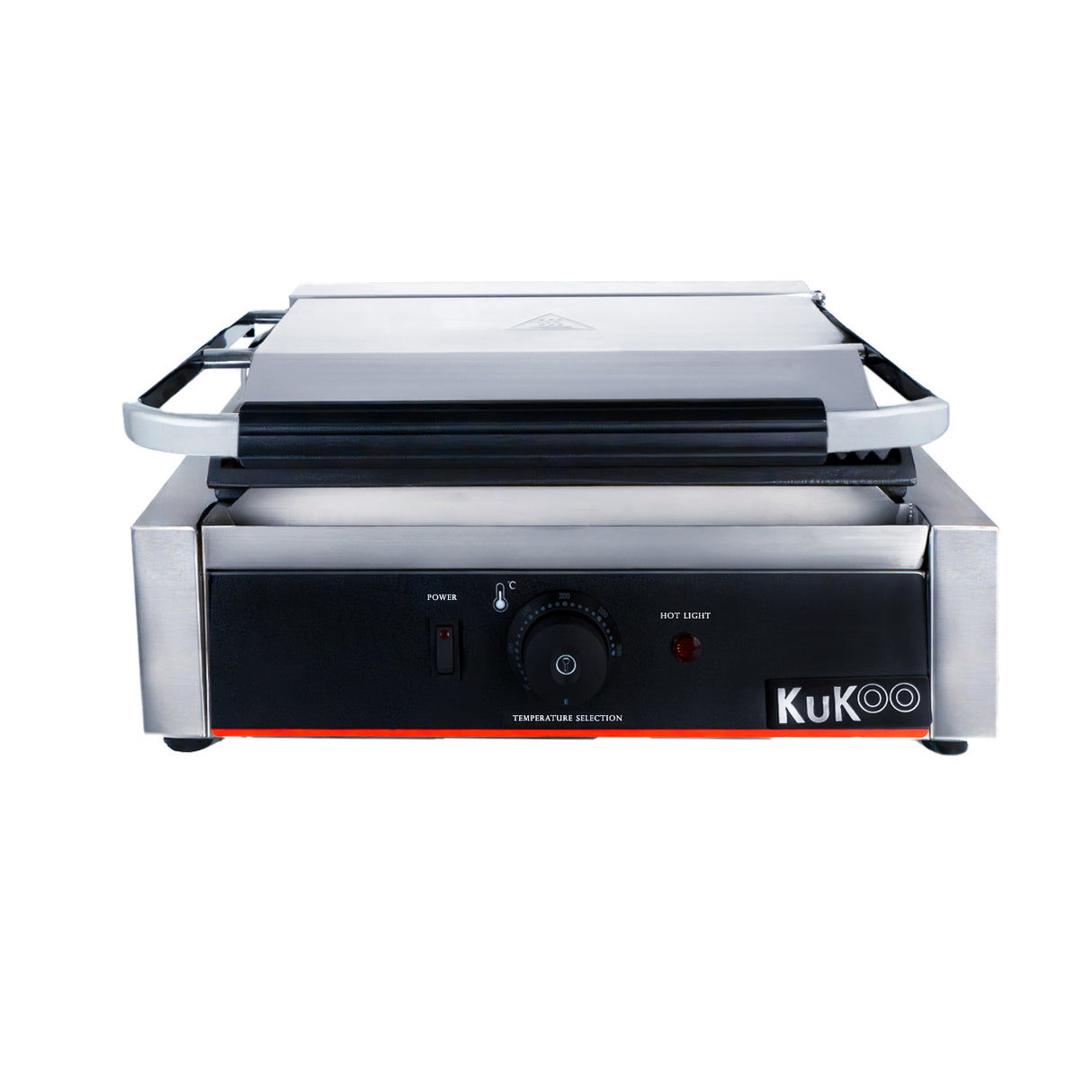 Presse à panini en acier inoxydable avec plaque rainurée, bouton de réglage de température et indicateur lumineux, design compact et moderne