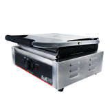 Presse à panini en acier inoxydable avec plaque rainurée, boutons de contrôle en noir, design compact et moderne, idéale pour la cuisine