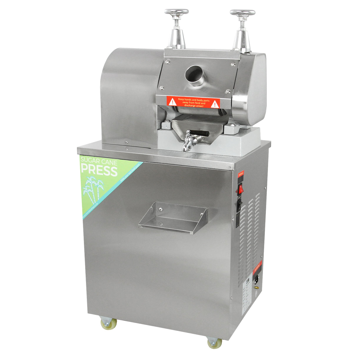 Presse à canne à sucre en acier inoxydable, avec un design moderne, boutons de contrôle et réservoir pour le jus, sur roulettes