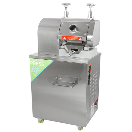 Presse à canne à sucre en acier inoxydable, avec un design moderne, boutons de contrôle et réservoir pour le jus, sur roulettes