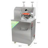 Presse à canne à sucre en acier inoxydable, avec un design moderne, deux rouleaux, et un robinet pour le jus, dimensions 94x46x36 cm