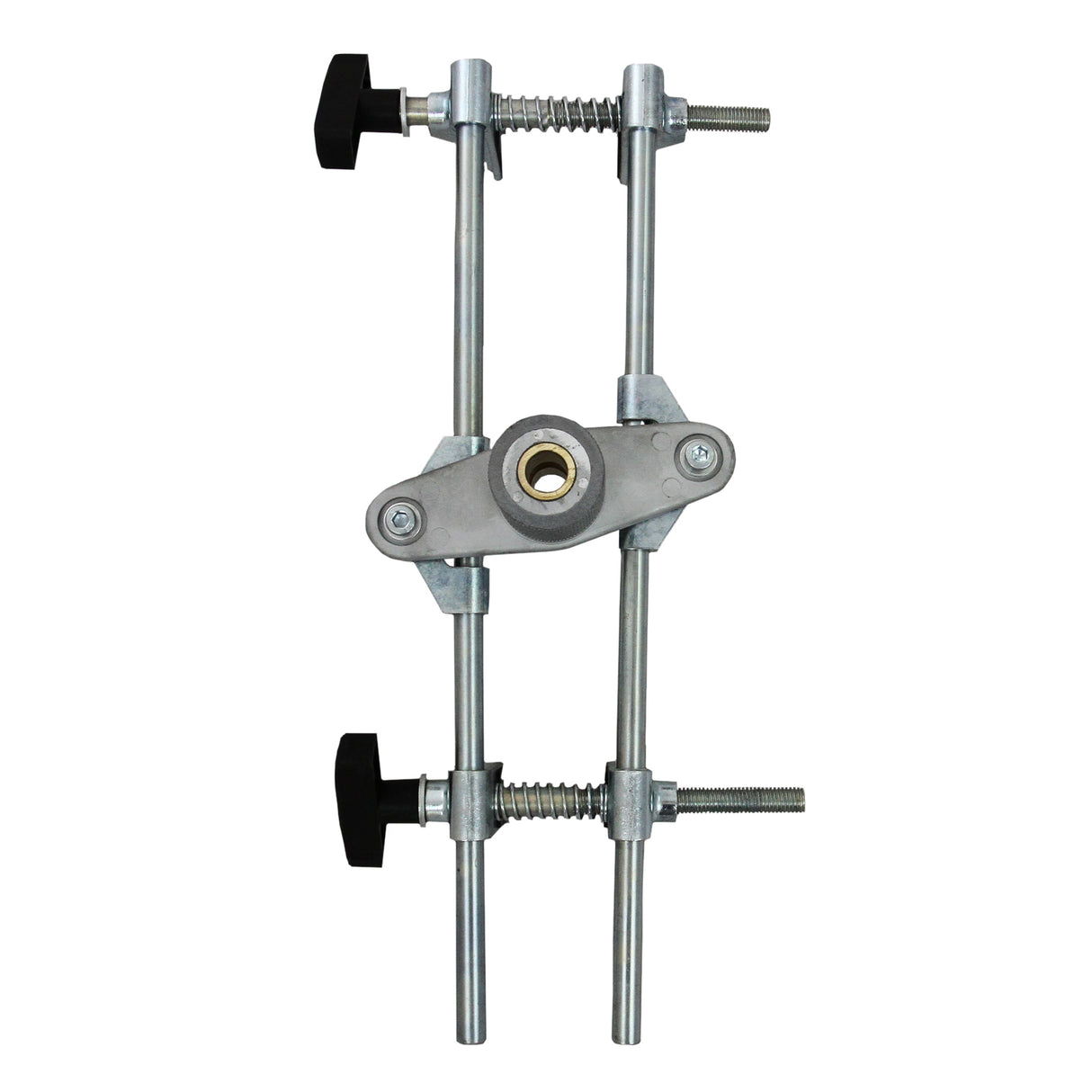 Mortaiseuse T-Mech en métal argenté avec 6 fraises, vis de réglage noires, design robuste et fonctionnel pour le travail du bois