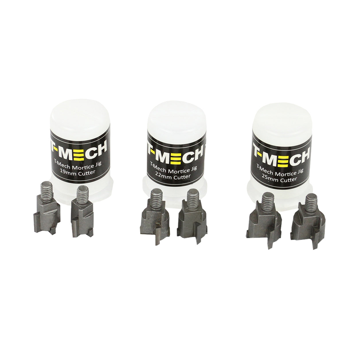 Mortaiseuse T-Mech avec trois fraises en métal, couleurs noir et argent, présentées avec des accessoires de fixation en plastique blanc