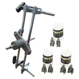 Mortaiseuse T-Mech en métal argenté avec 6 fraises, incluant des couvercles blancs, idéale pour le travail du bois et des projets de bricolage