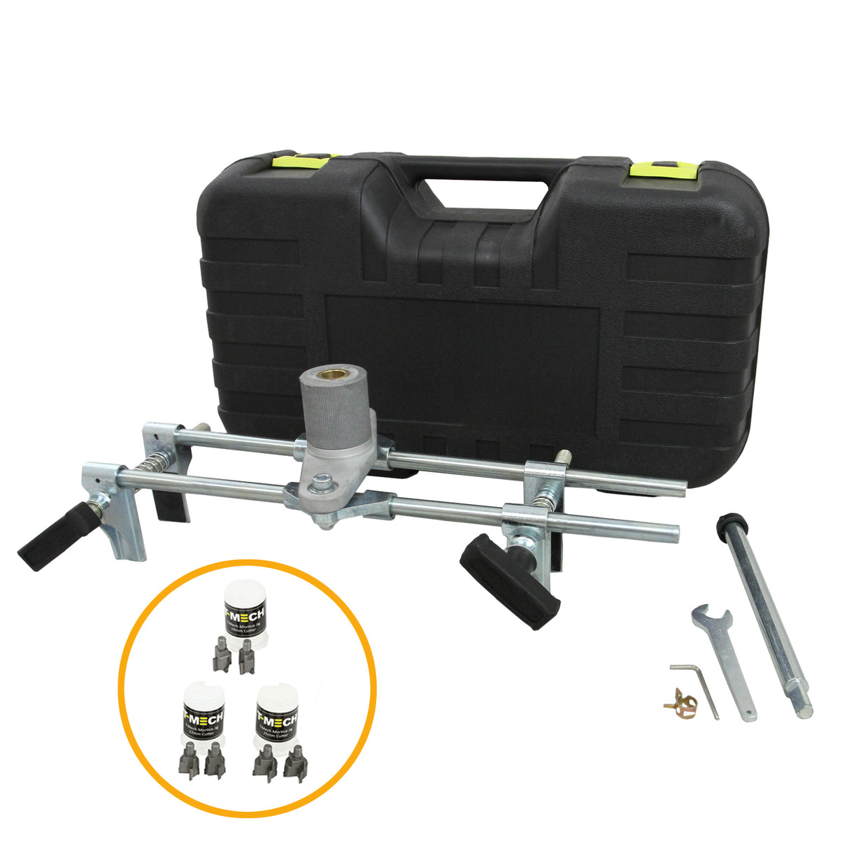 Mortaiseuse T-Mech avec 6 fraises, boîtier noir robuste, accessoires en métal argenté, outils de précision pour le travail du bois