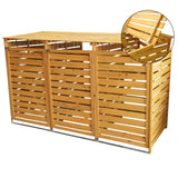 Cache-poubelle triple en bois, finition naturelle, avec lattes horizontales, offrant une protection élégante pour les déchets extérieurs