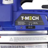 Agrafeuse-cloueuse électrique T-Mech en bleu, avec boutons de réglage et indicateur LED, conçue pour un usage facile et précis