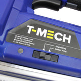 Agrafeuse-cloueuse électrique T-Mech, couleur bleue, avec boutons de réglage et indicateurs LED pour le fonctionnement et les alertes