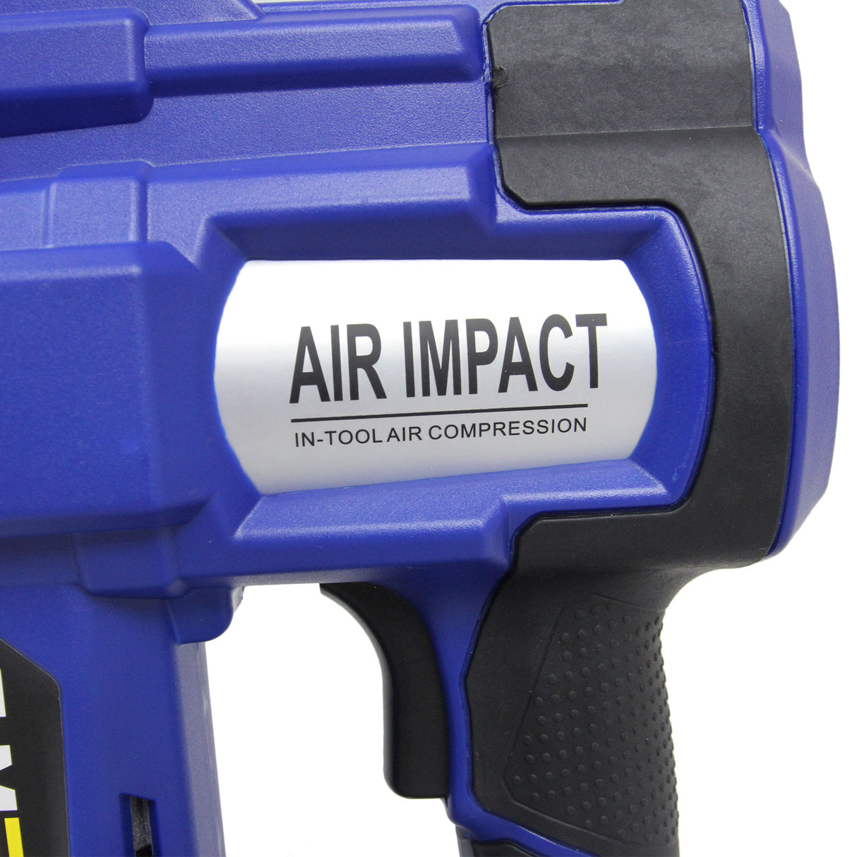Agrafeuse-cloueuse électrique T-Mech avec finition bleue, poignée texturée et étiquette argentée indiquant AIR IMPACT