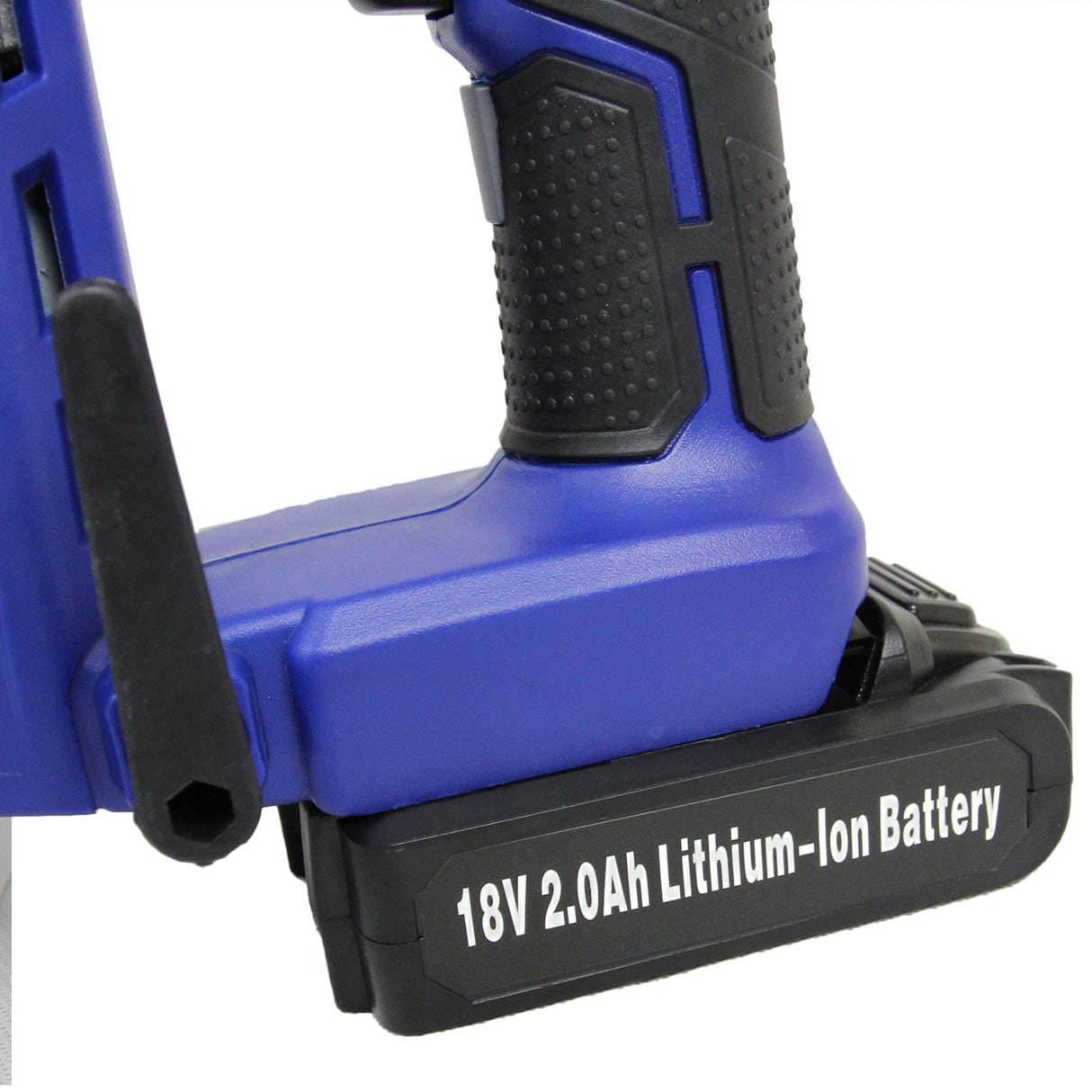 Agrafeuse-cloueuse électrique T-Mech avec batterie lithium-ion 18V, poignée ergonomique, couleur bleu et noir, design compact et robuste