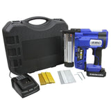 Agrafeuse-cloueuse électrique T-Mech bleue avec batterie, chargeur, accessoires et mallette de transport noire, idéale pour les projets de bricolage