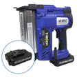 Agrafeuse-cloueuse électrique T-Mech en bleu, avec batterie lithium-ion de 18V, idéale pour des travaux de bricolage précis et efficaces