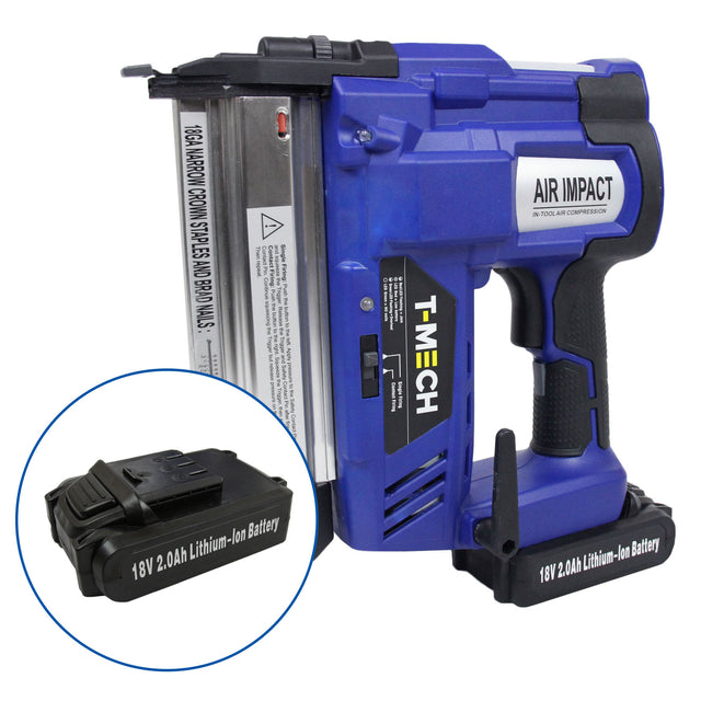 Agrafeuse-cloueuse électrique T-Mech en bleu, avec batterie lithium-ion de 18V, idéale pour des travaux de bricolage précis et efficaces