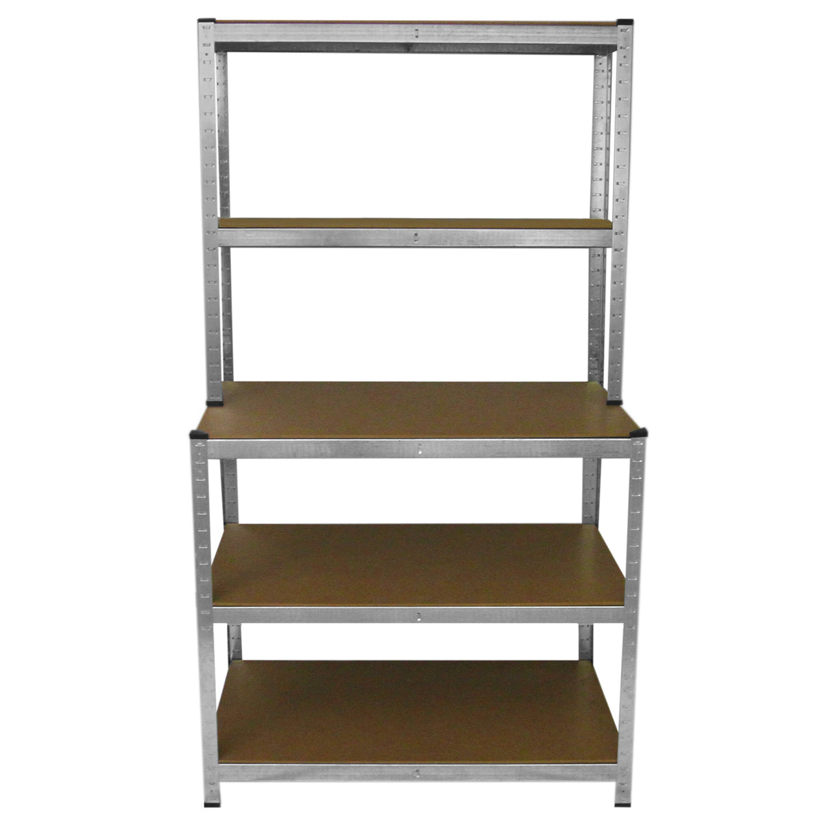 Établi de travail en acier galvanisé avec quatre étagères en bois, offrant une surface robuste et durable pour le rangement et l'organisation
