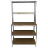 Établi de travail en acier galvanisé avec quatre étagères en bois, offrant une surface robuste et durable pour le rangement et l'organisation