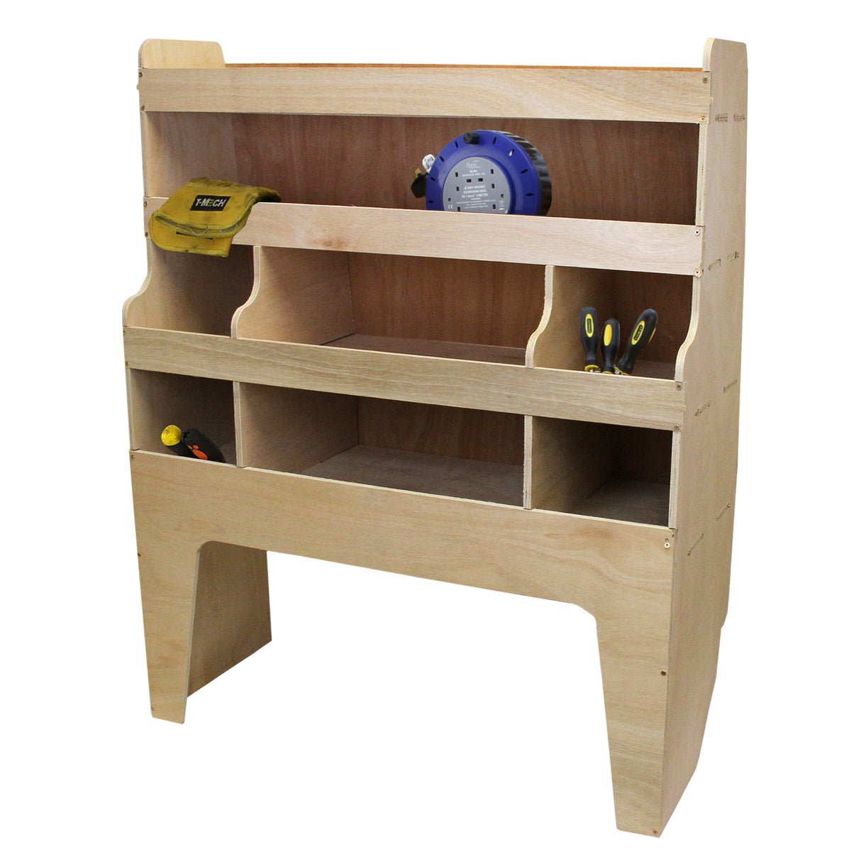 Étagère en contreplaqué naturel avec plusieurs compartiments, idéale pour organiser outils et accessoires dans un VW Transporter T5, T6, T28, T30