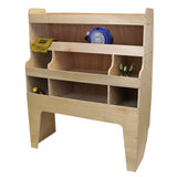 Étagère en contreplaqué naturel avec plusieurs compartiments, idéale pour organiser outils et accessoires dans un VW Transporter T5, T6, T28, T30