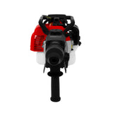 Marteau-piqueur à essence à 2 temps, rouge et noir, avec un moteur puissant, poignée antidérapante et réservoir de carburant visible