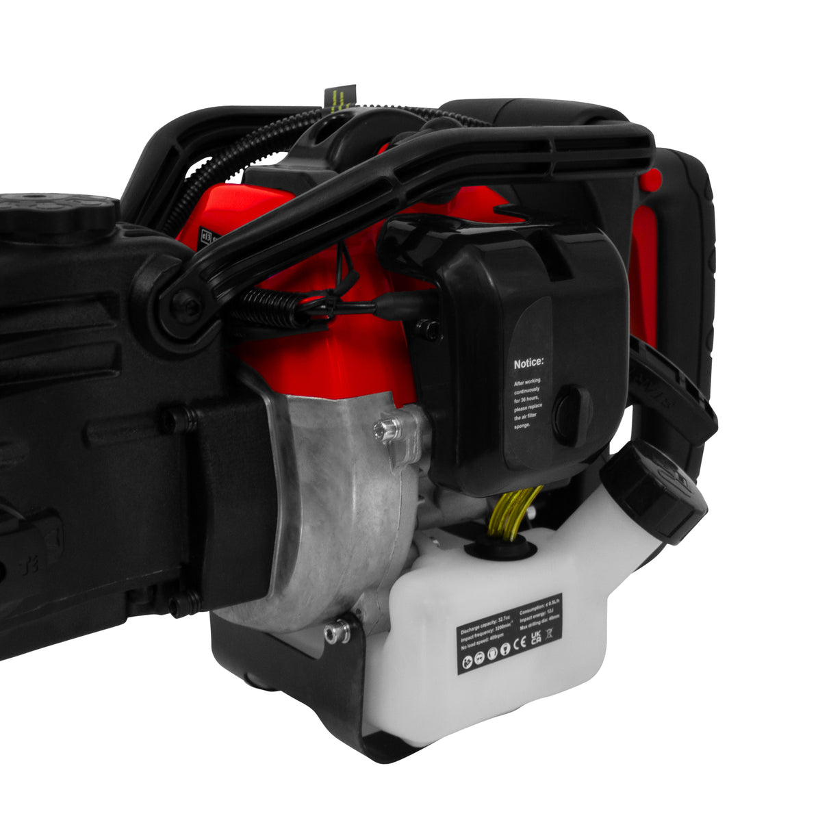 Marteau-piqueur à essence à 2 temps avec moteur rouge et noir, réservoir de carburant blanc, design robuste et ergonomique