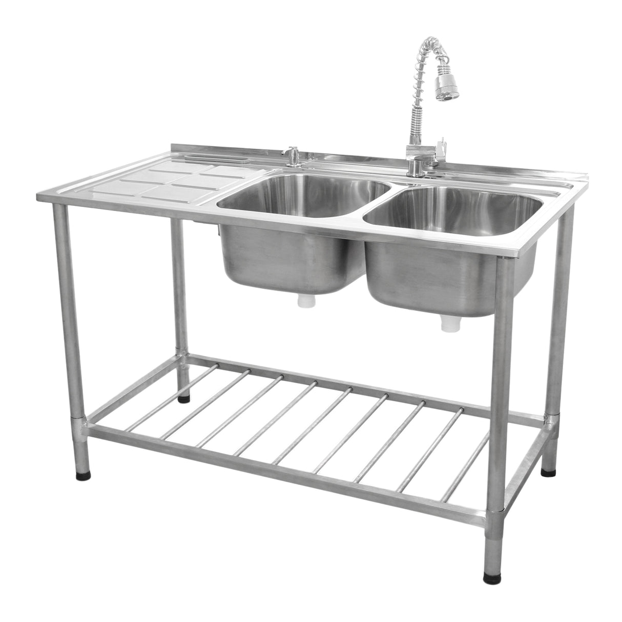 KuKoo Évier Commercial en Inox sur Pied à 2 Cuves – Égouttoir à Gauche