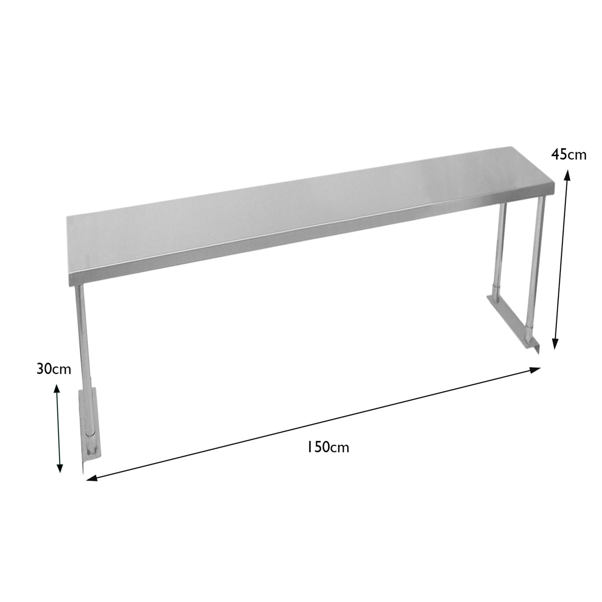 Étagère d'appoint en métal argenté, dimensions 150 cm de long, 30 cm de large, 45 cm de haut, surface lisse et moderne, idéale pour le rangement