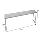 Étagère d'appoint en métal argenté, dimensions 150 cm de long, 30 cm de large, 45 cm de haut, surface lisse et moderne, idéale pour le rangement
