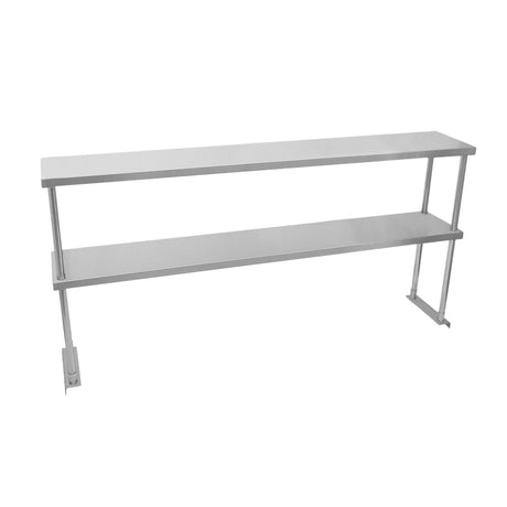 Étagère d'appoint à deux niveaux en métal argenté, design moderne, avec surfaces lisses et épurées, idéale pour le rangement