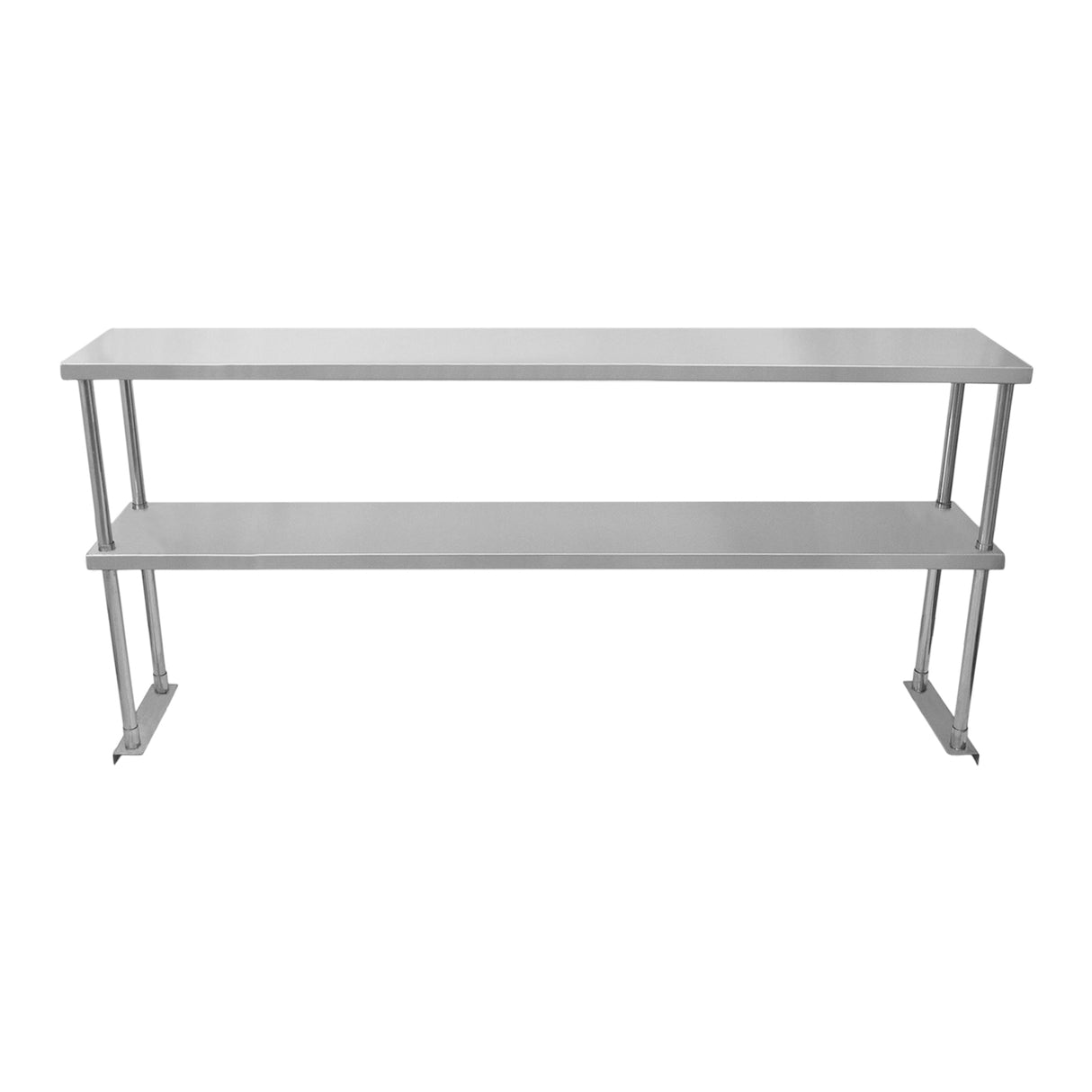 Étagère d'appoint à 2 niveaux en métal argenté, avec des surfaces lisses et modernes, mesurant 150 cm de long, idéale pour le rangement