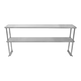 Étagère d'appoint à 2 niveaux en métal argenté, avec des surfaces lisses et modernes, mesurant 150 cm de long, idéale pour le rangement