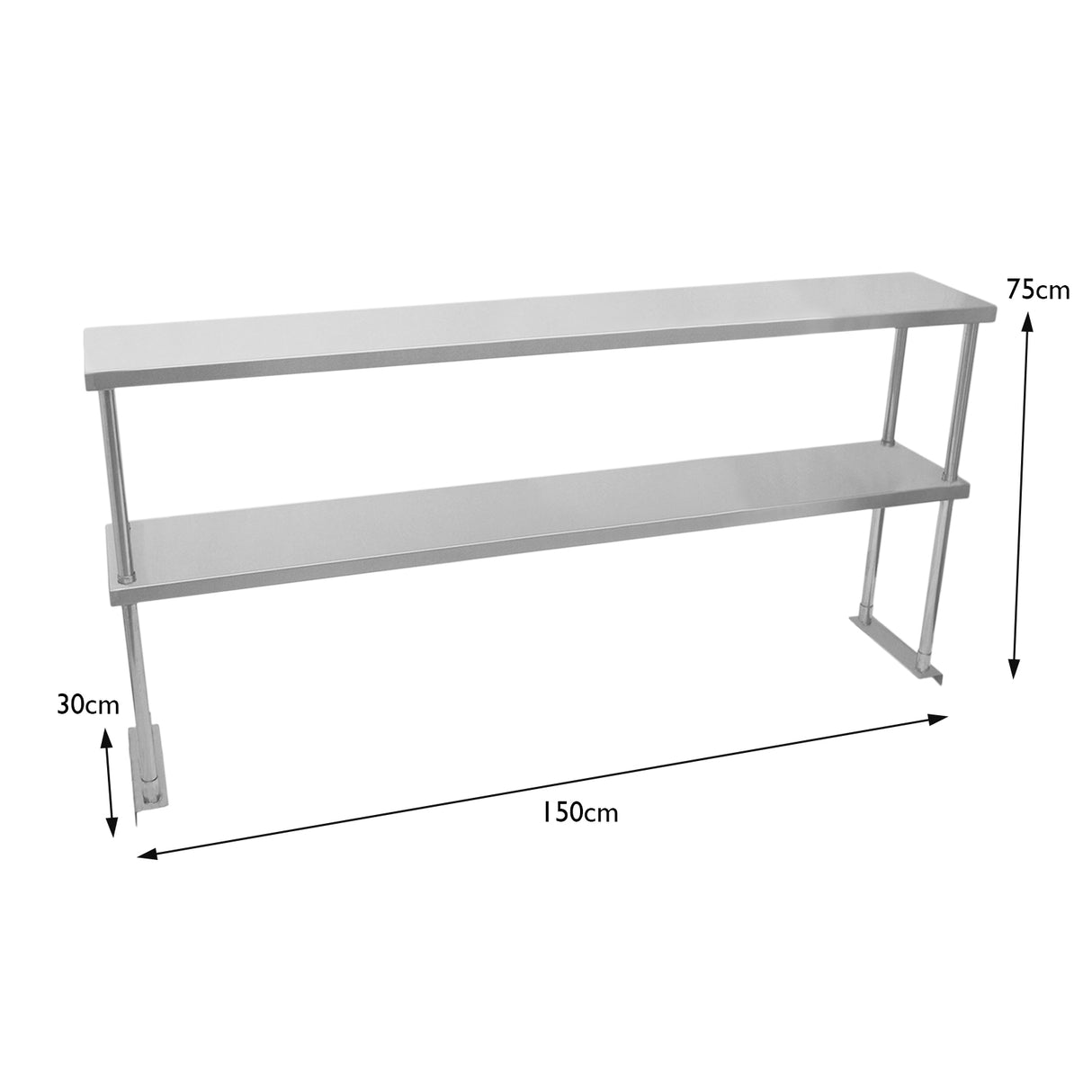 Étagère d'appoint à deux niveaux en métal argenté, dimensions 150 cm de long, 75 cm de haut et 30 cm de profondeur, design moderne et épuré