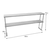 Étagère d'appoint à deux niveaux en métal argenté, dimensions 150 cm de long, 75 cm de haut et 30 cm de profondeur, design moderne et épuré