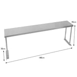 Étagère d'appoint en métal argenté, longue de 180 cm, avec une surface lisse et des pieds robustes, idéale pour le rangement et la décoration