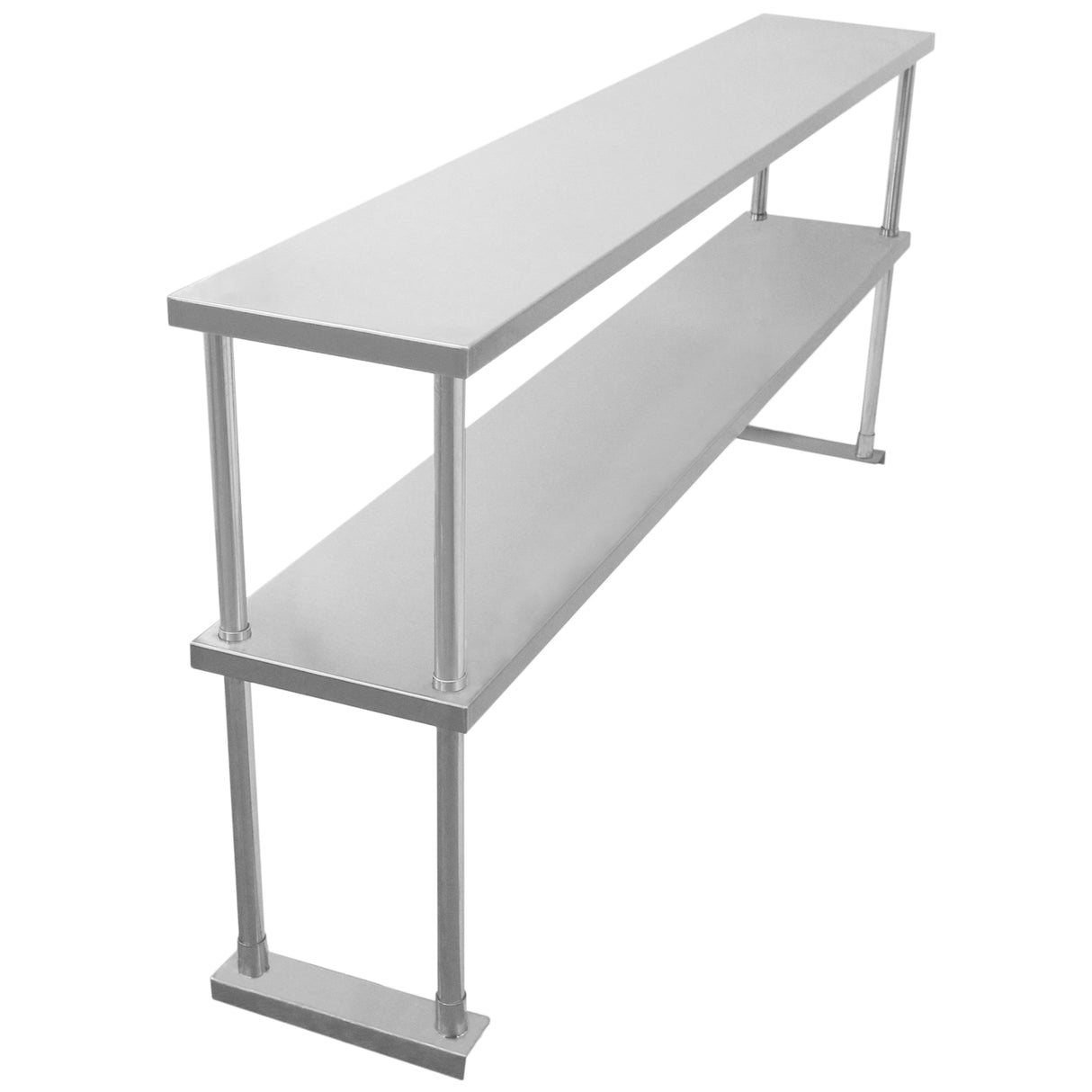 Étagère d'appoint en métal argenté à deux niveaux, avec des lignes épurées et une finition lisse, idéale pour le rangement moderne