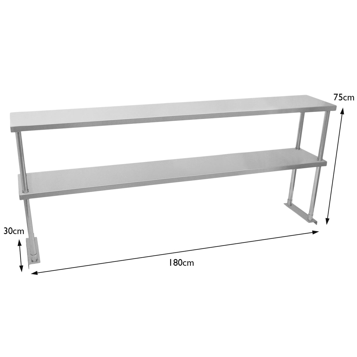 Étagère d'appoint à deux niveaux en métal argenté, dimensions 180 cm de long, 75 cm de haut et 30 cm de profondeur, design moderne et épuré
