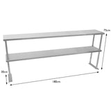 Étagère d'appoint à deux niveaux en métal argenté, dimensions 180 cm de long, 75 cm de haut et 30 cm de profondeur, design moderne et épuré