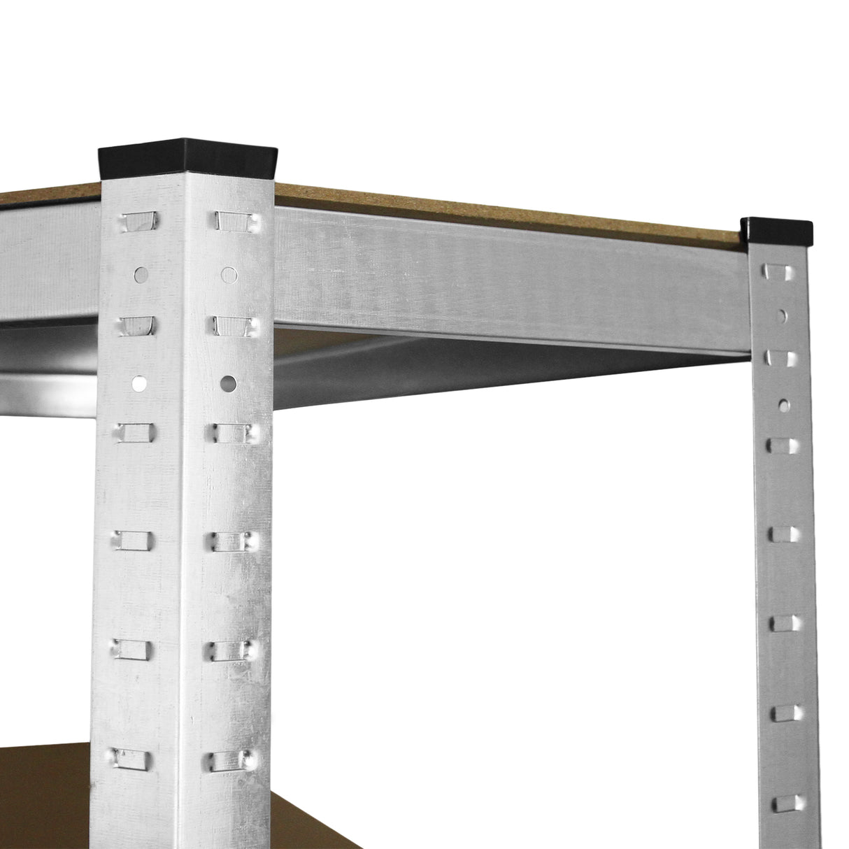 Rayonnage en acier galvanisé de 90 cm avec étagères en bois, finition robuste et coins en plastique noir pour protection