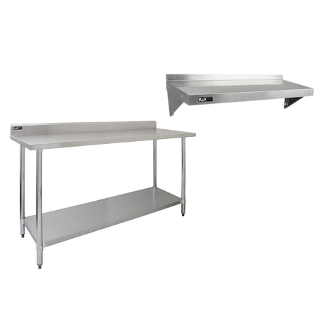 Plan de travail en inox de 180 cm avec deux étagères murales, surface lisse et brillante, structure robuste et moderne