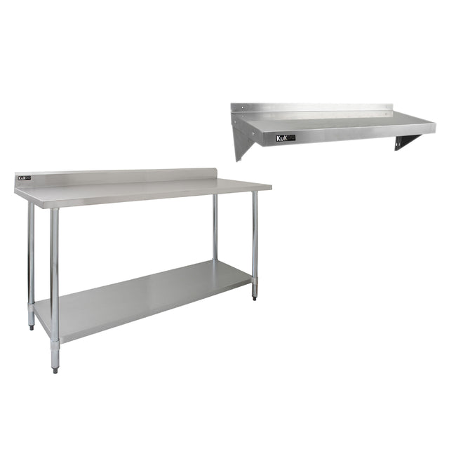 Plan de travail en inox de 180 cm avec deux étagères murales, surface lisse et brillante, structure robuste et moderne