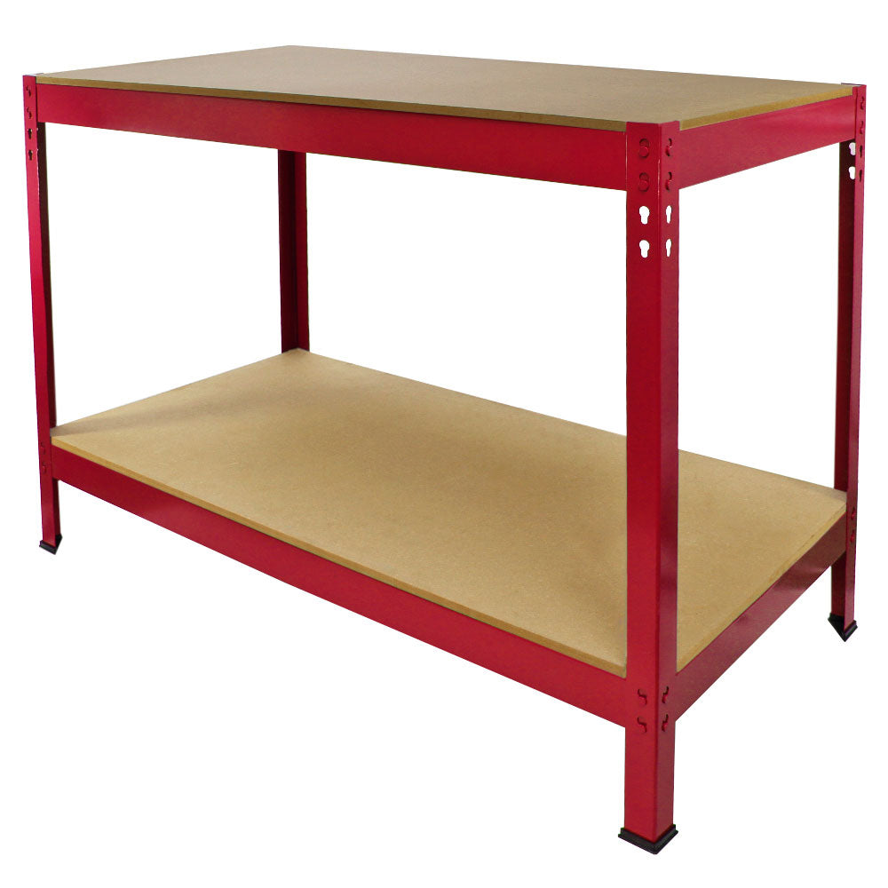Établi de travail Q-Rax en acier rouge, avec surface en bois clair, design robuste, deux niveaux pour le rangement et la fonctionnalité