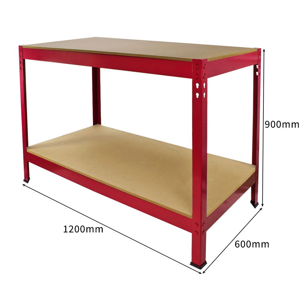 Établi de travail Q-Rax en acier rouge, dimensions 120 cm x 60 cm, avec surface en bois et design robuste pour un usage intensif